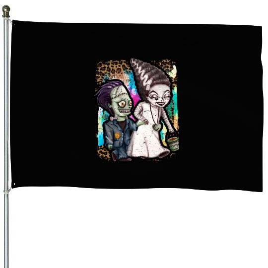 Halloween Witch and Zombie Tie Dye House Flags