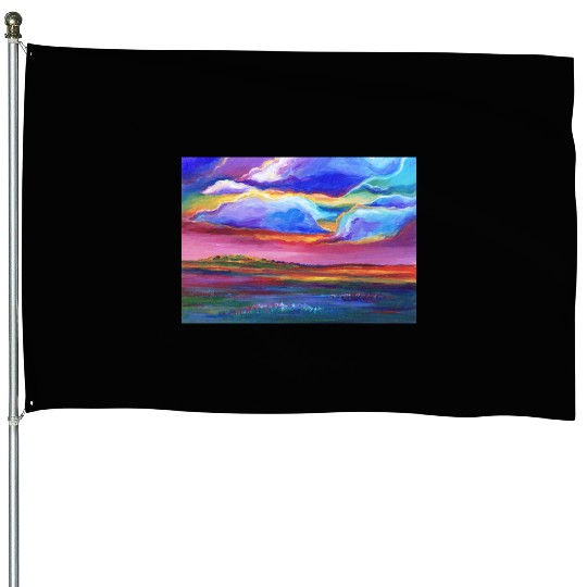 Colorful Sunset Landscape Painting House Flags