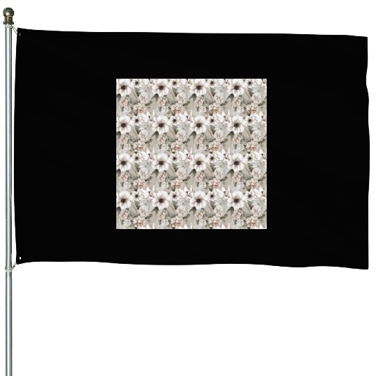 Beige Sage Green Floral Pattern House Flags