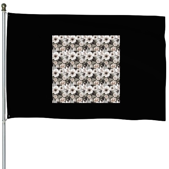 Beige Sage Green Floral Pattern House Flags