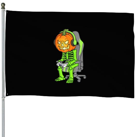 Gaming Halloween Skeleton Jack O Lantern Gamer Boy House Flags