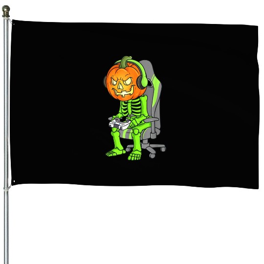 Gaming Halloween Skeleton Jack O Lantern Gamer Boy House Flags