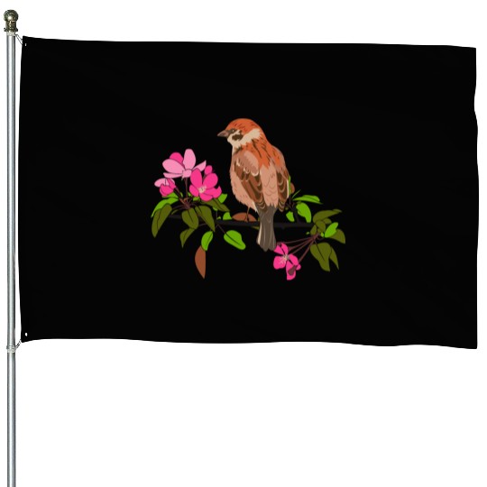 Sparrow on a branch pink flowers of an apple tree House Flags