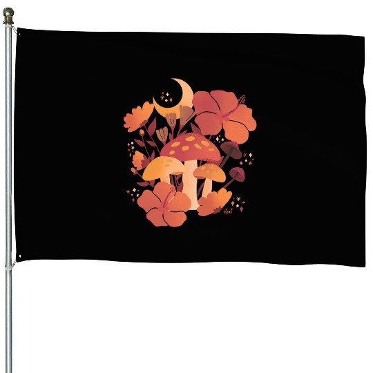 Fall Mushrooms and Hibiscus Floral Nights House Flags