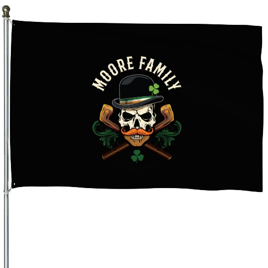 Moore Family Irish Skull with Shillelagh and House Flags