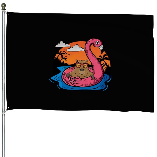 Capybara Swimming Pool Gifts Men Flamingo Capybara House Flags