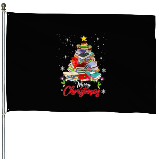 Merry Christmas Tree Love Reading Books Librarian House Flags