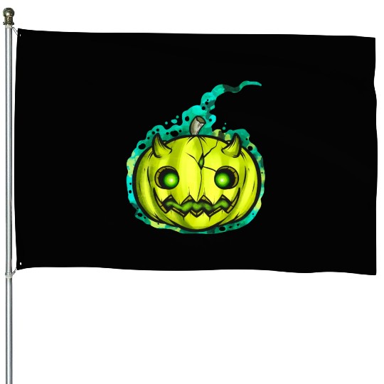 Green Pumpkin Spirit With Horns Halloween House Flags