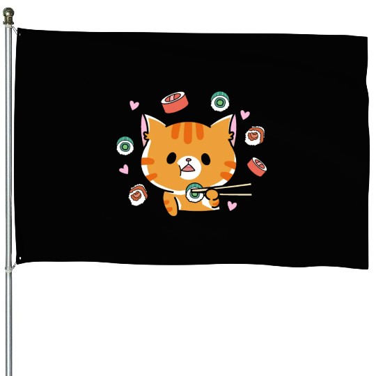 Kawaii Cat Eating Sushi Japanese Raw FoodKawaii House Flags