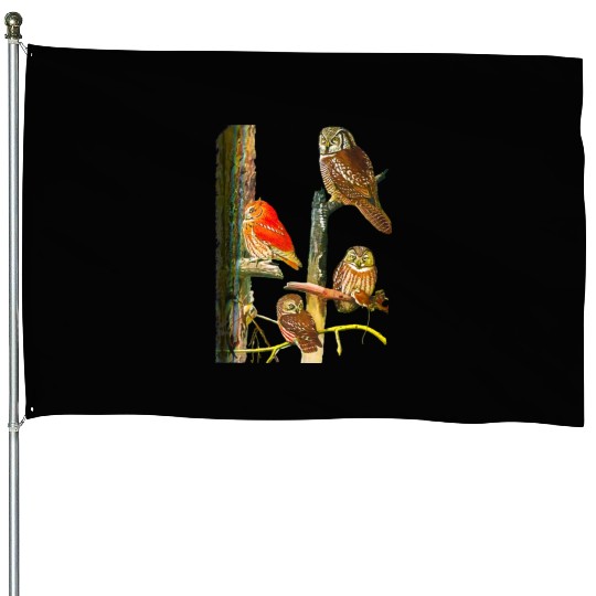 Bird Watchers Four Great Owls In a Tree Owl Lovers House Flags