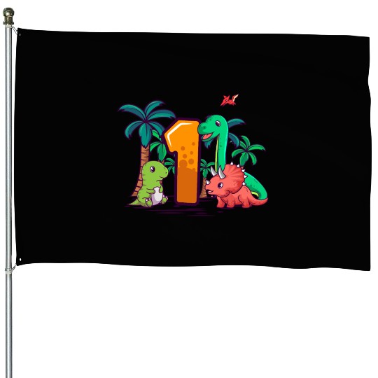 1st Birthday T-Rex Triceratops Dinosaur 1 Year House Flags