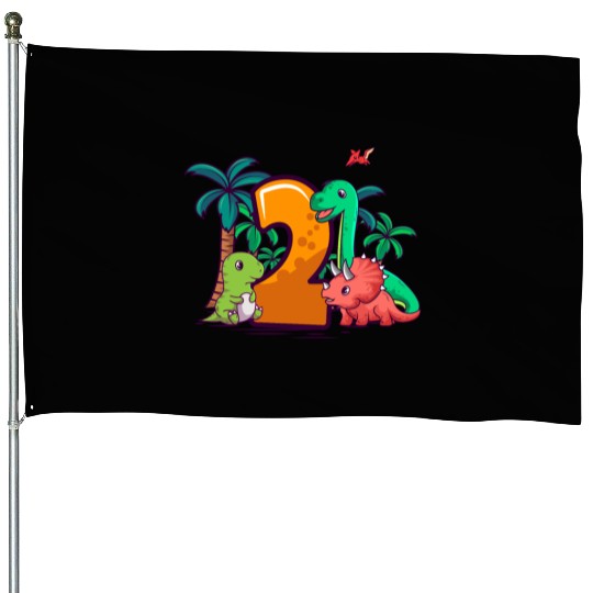 2nd Birthday Trex Triceratops Dinosaur 2 Year House Flags