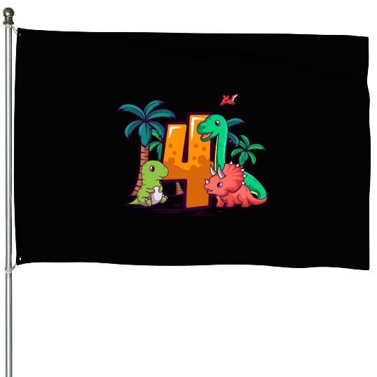 4th Birthday Trex Triceratops Dinosaur 4 Year House Flags
