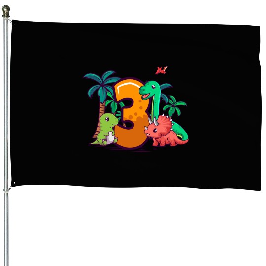 3rd Birthday T-rex Triceratops Dinosaur 3 Year House Flags