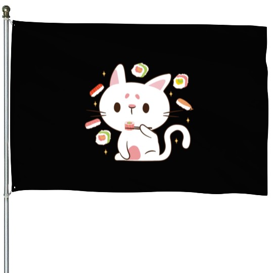 Kawaii Cat Eating Sushi Japanese Raw Food House Flags