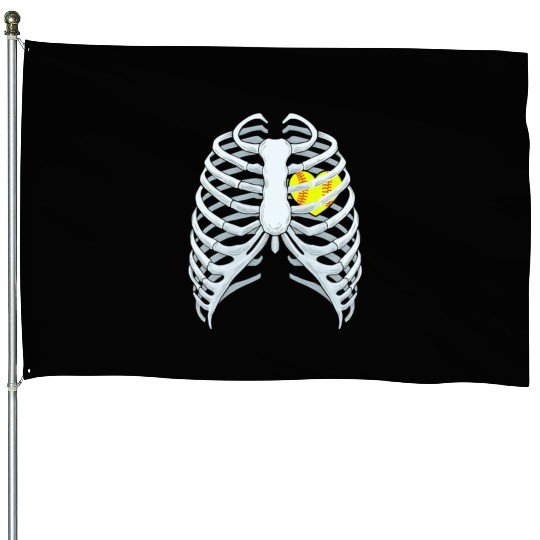 Funny Softbal Heart Skeleton Rib Cage Halloween House Flags