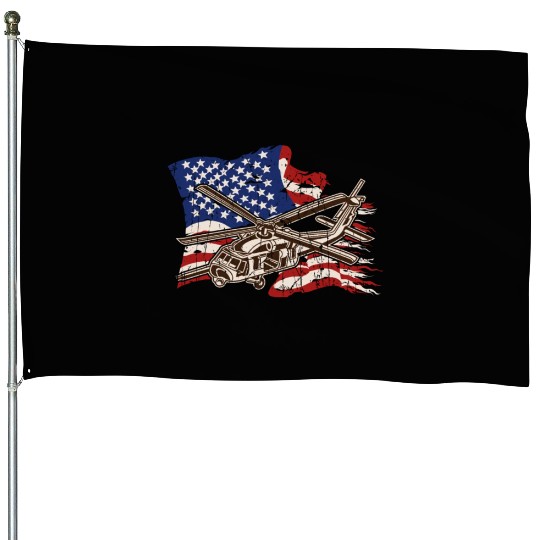 Helicopter with american flag background - chopper House Flags