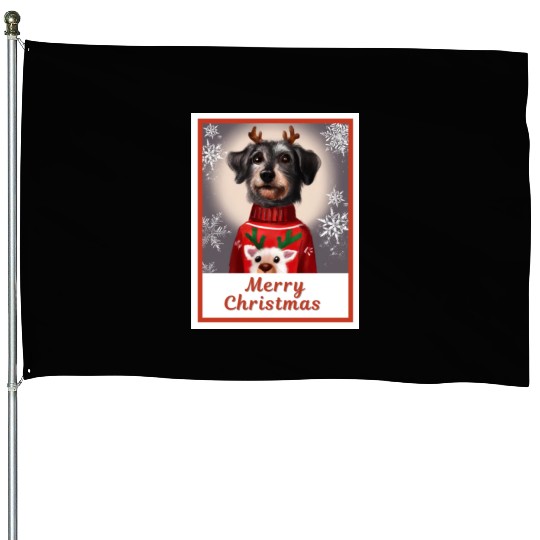 Miniature Black Schnauzer in a Christmas sweater. House Flags