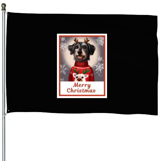 Miniature Black Schnauzer in a Christmas sweater. House Flags