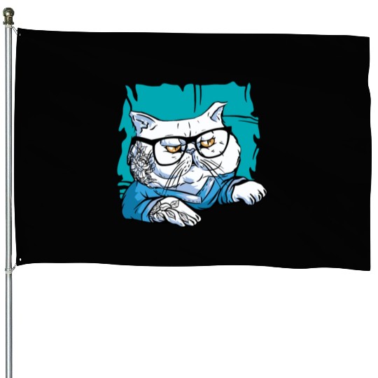 Stylish Nerd Persian Cat Beanie Glasses Tattoo House Flags