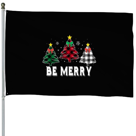 Be Merry Christmas Tree Buffalo Plaid Family Match House Flags