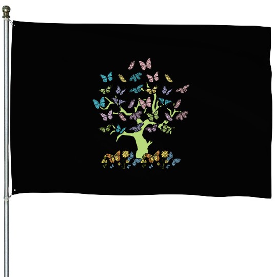 Colorful Butterflies Forest Nature Trees House Flags