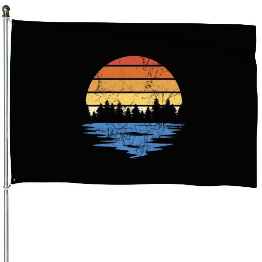 RETRO FOREST WITH LAKE IN SUNSET VINTAGE House Flags