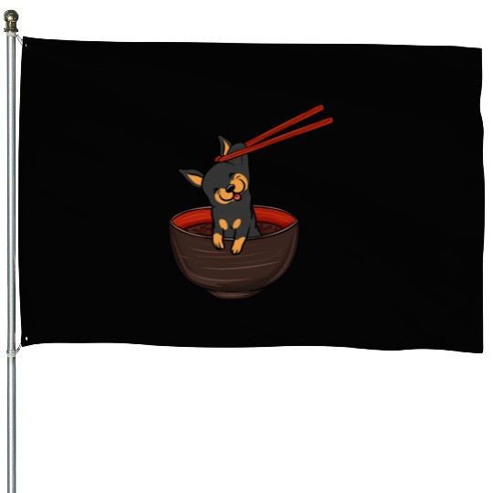 Miniature Pinscher Dipping Noodles House Flags