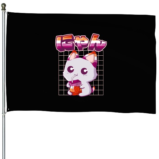 Lesbian Pride Gay Kawaii Cat Strawberry Milk Lesbi House Flags