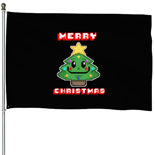 Merry Christmas I Xmas I 8 Bit Pixelated House Flags