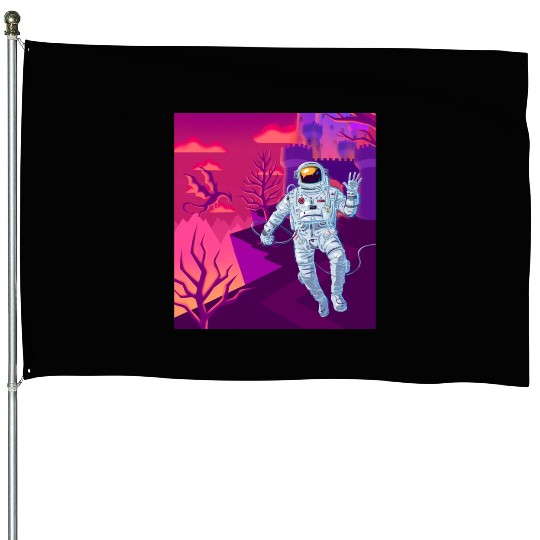 Astronaut in a fantasy world with castle dragons House Flags