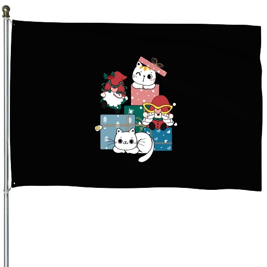 cute gnome and kitty cats on present gift box House Flags