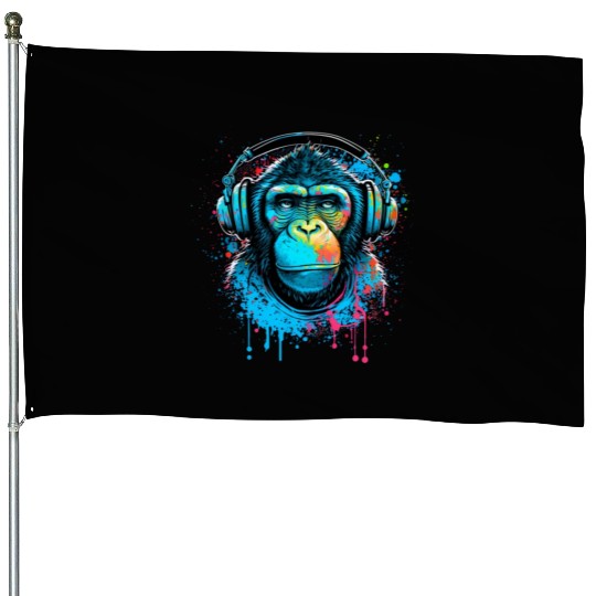ape, primate, monkey wearing headphones House Flags