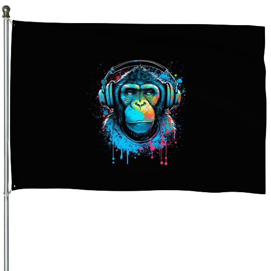 ape, primate, monkey wearing headphones House Flags