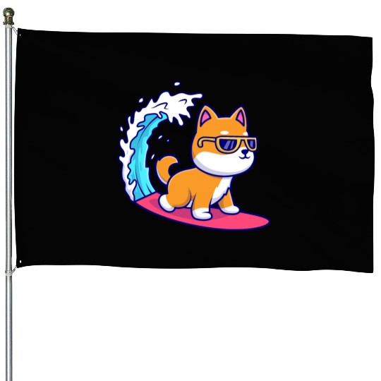 Cute Shiba Inu Dog Surfing in Sea House Flags