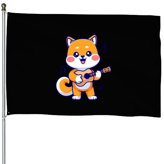 Cute Shiba Inu Dog Playing Guitar House Flags