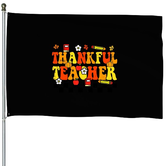 Thankful Teacher Retro Groovy Thanksgiving Fall House Flags