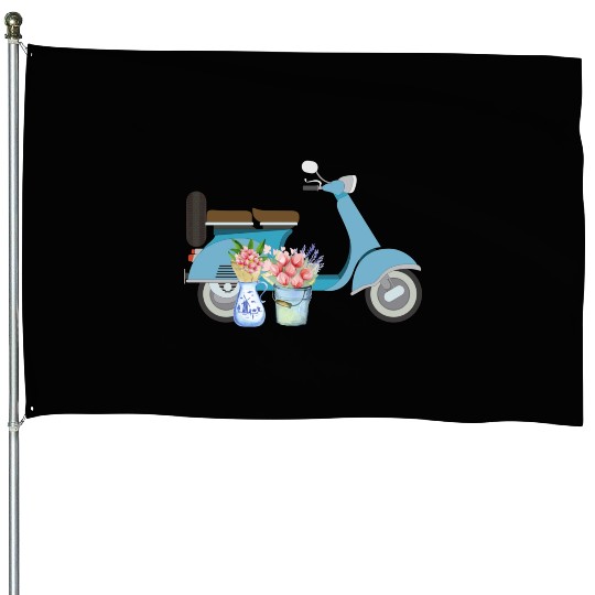 Blue Retro Scooter With Tulips Art Design House Flags