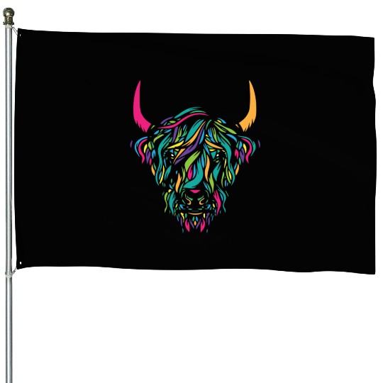 Funny Cow highland cow animal colorful House Flags