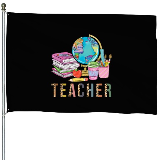 Cute Teacher Leopard Print Globe First Day of House Flags