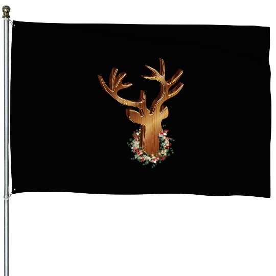 Deer head in wood look with Christmas wreath House Flags