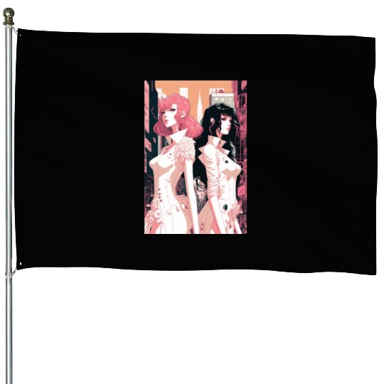 Pink and Black - Cyberpunk Illustrated Portrait House Flags