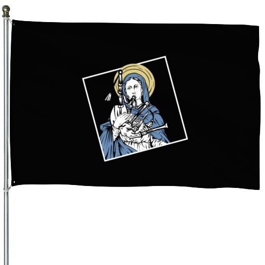 Mary Mother of Jesus Playing Bagpipes - Funny House Flags