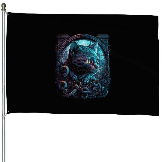 Midnight Kitty House Flags