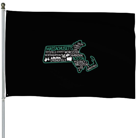 Massachusetts Boston cute map Salem Lowell Lawrenc House Flags