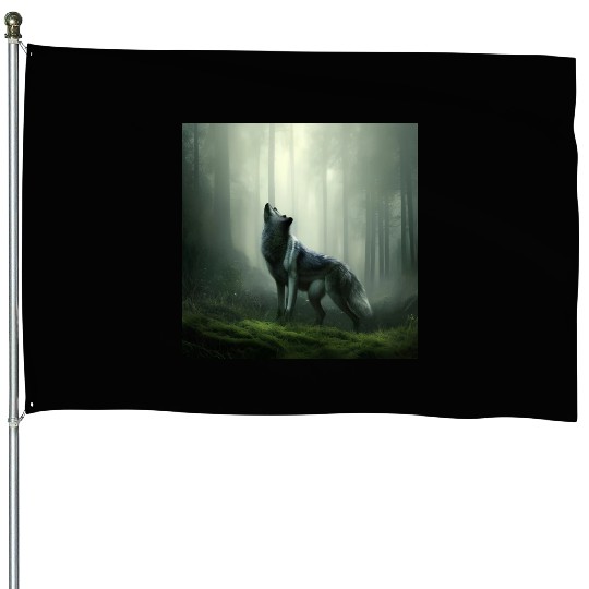 Howling wolf at midnight House Flags