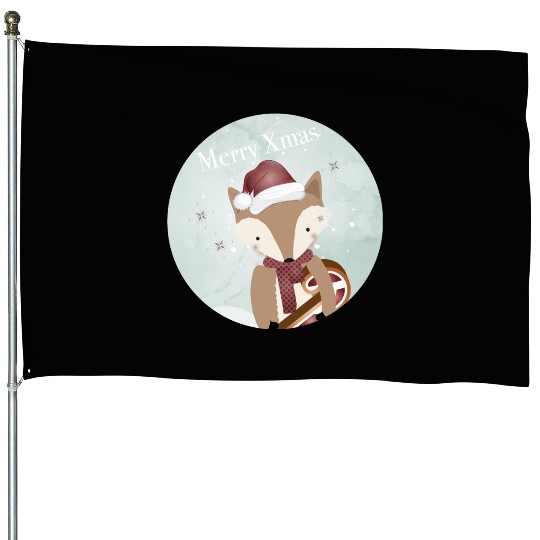 cute fox for Christmas with candy cane House Flags