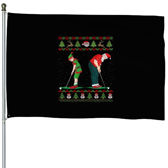 Golf Elf Golfer Ugly Christmas Santa Claus Golfing House Flags