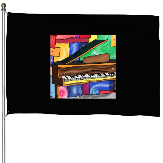 A beautiful piano in front of a colorful art House Flags