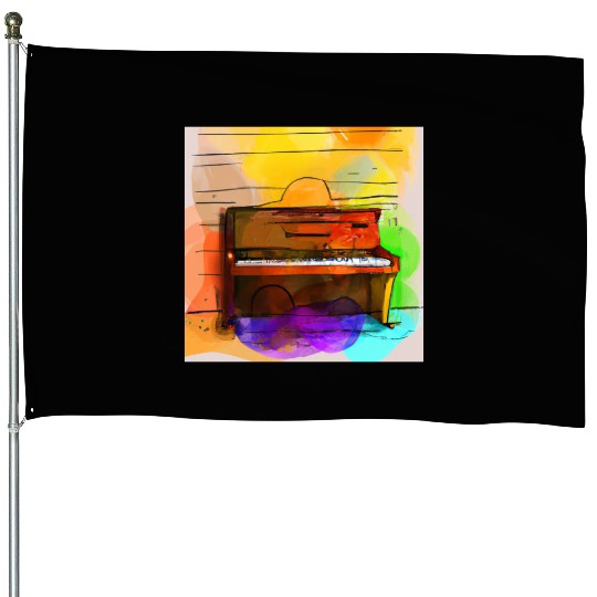 A beautiful piano in front of a colorful wall House Flags